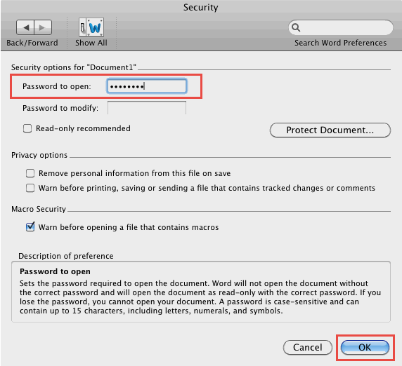 Word 2011 Imposta password per aprire