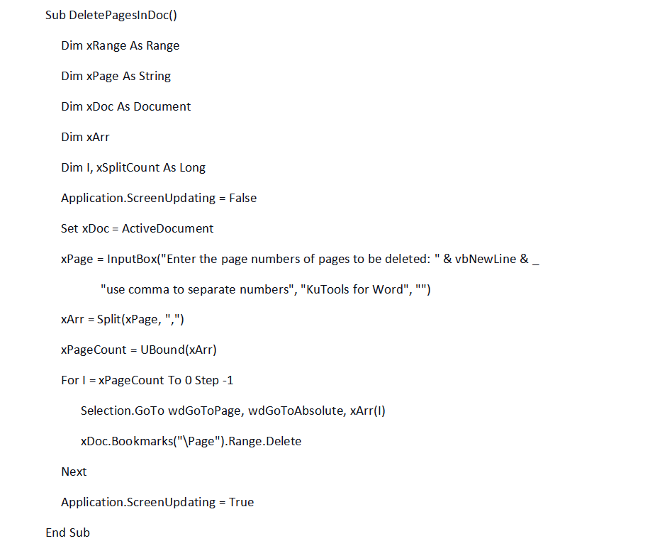 Word Delete Pages Code