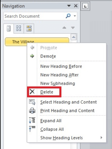 Word Navigation Pane Διαγραφή τμήματος