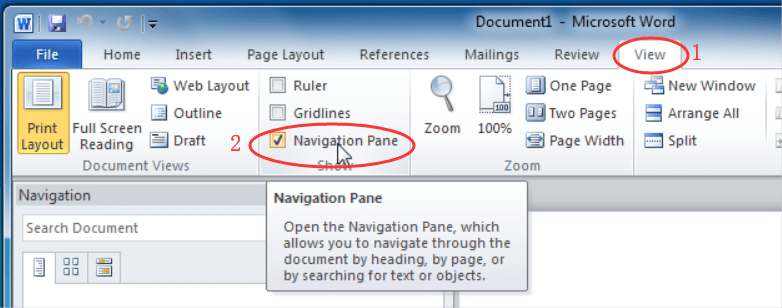 Word Navigation Pane