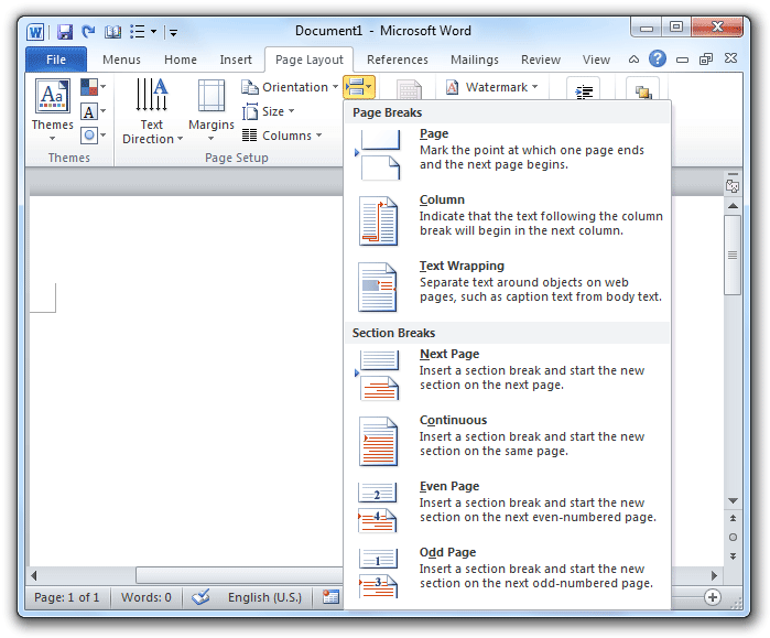 Word 頁面佈局中斷