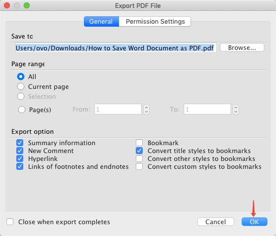 Configuración de archivo PDF de exportación WPS