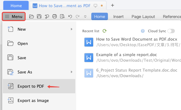 WPS تصدير Word إلى PDF