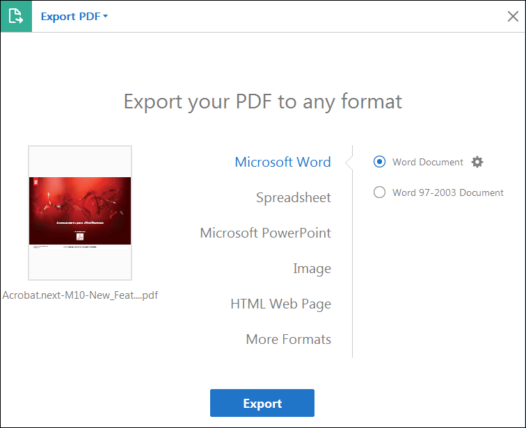 Opciones de PDF de exportación de Adobe Acrobat