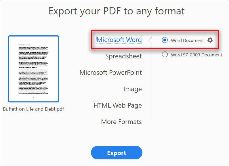 Adobe ส่งออก PDF เป็น Word