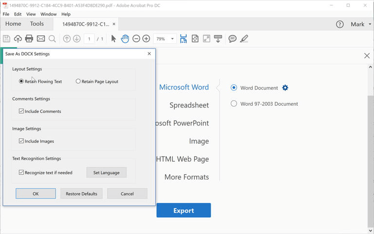 Adobe Save As Word Settings