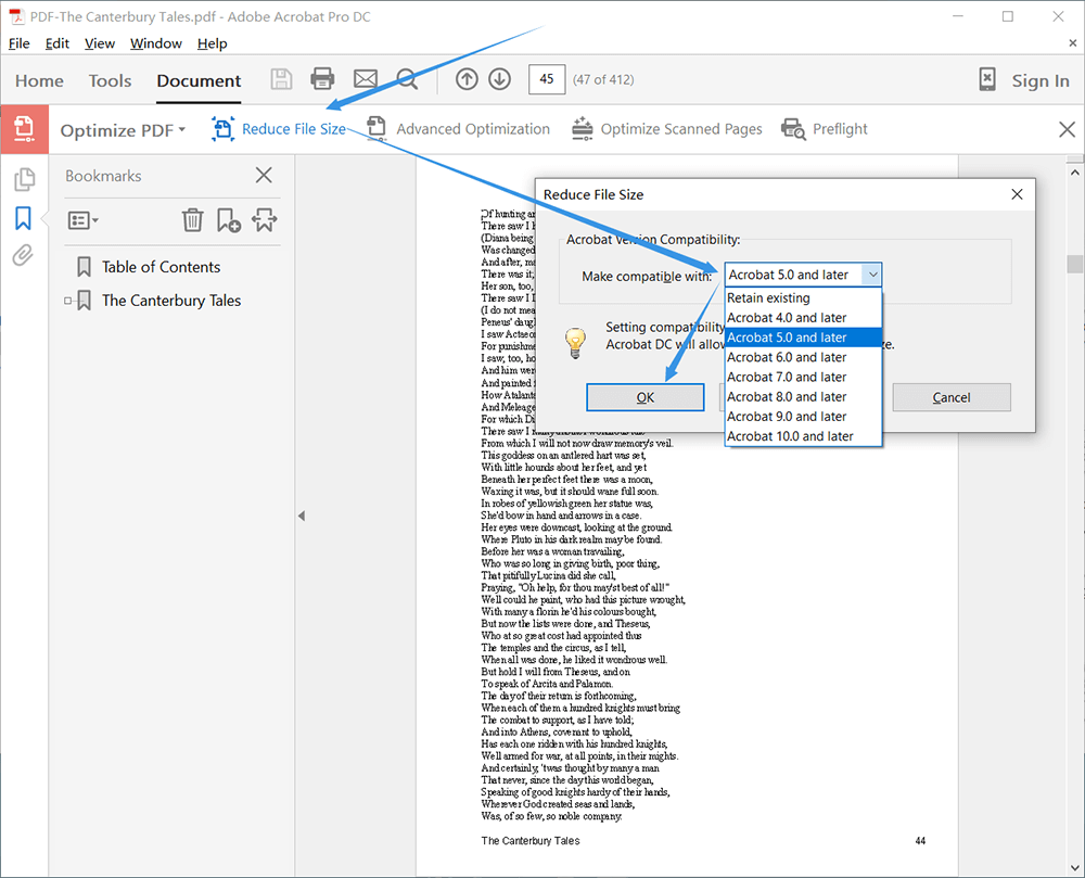 Adobe Acrobat Pro يعمل على تقليل حجم ملف PDF