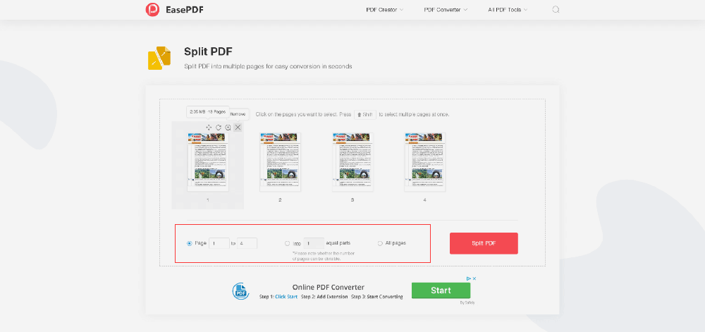 EasePDF Split PDF Select Mode