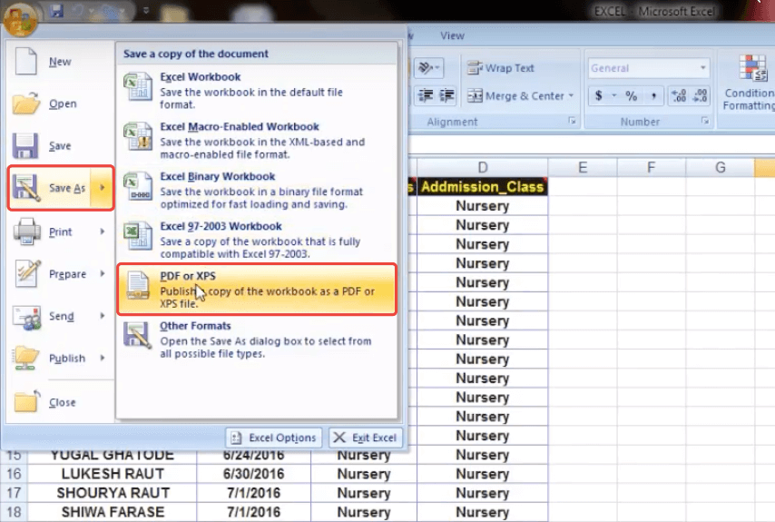 Office 2007 Excel Salva come PDF