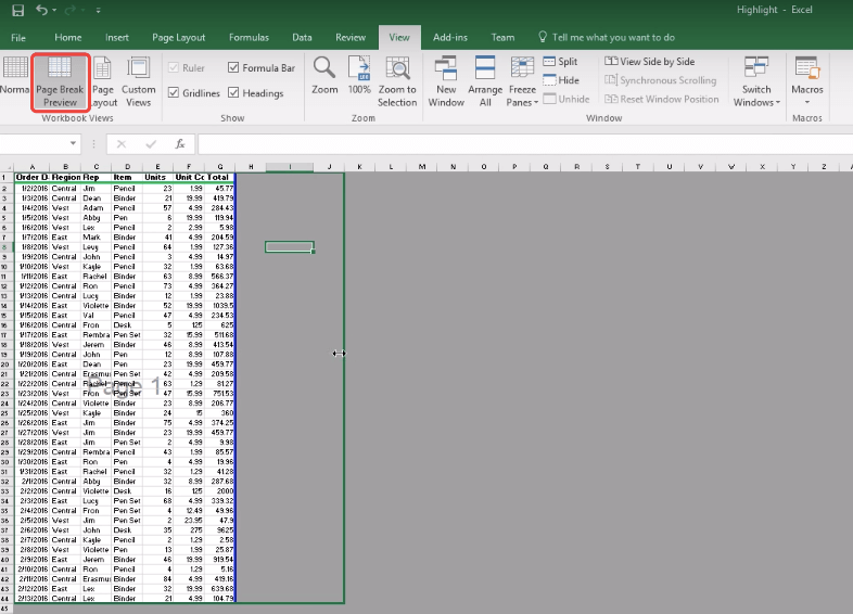 Preview podziału strony w programie Excel w Office 2010