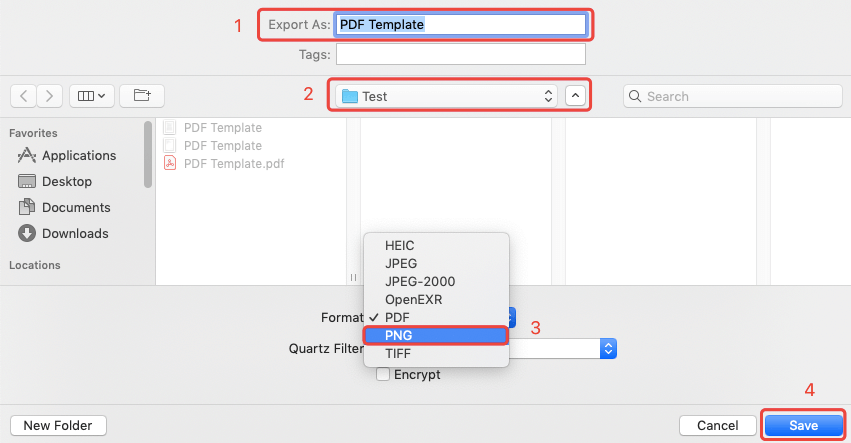 Impostazioni di esportazione Mac Preview da PDF a PNG