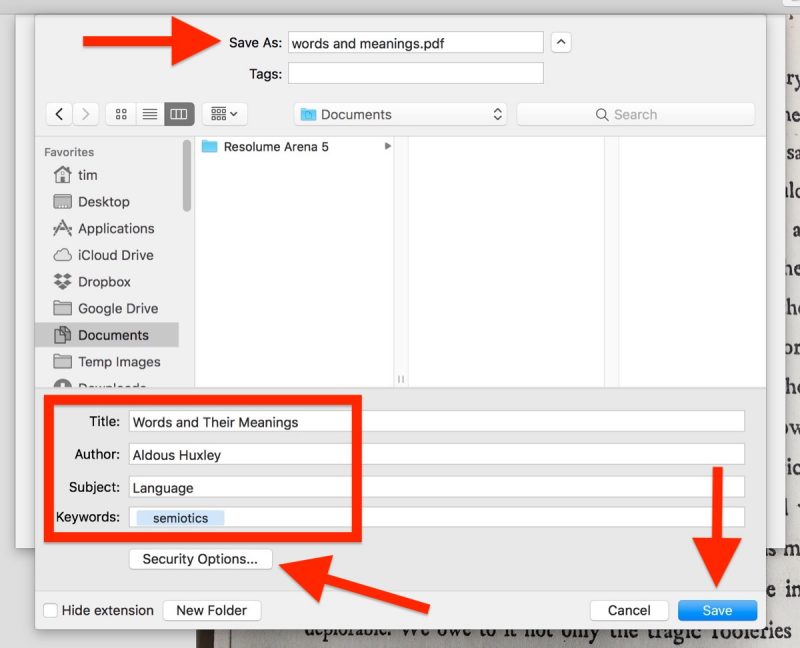 Mac Preview Guardar como configuración de PDF