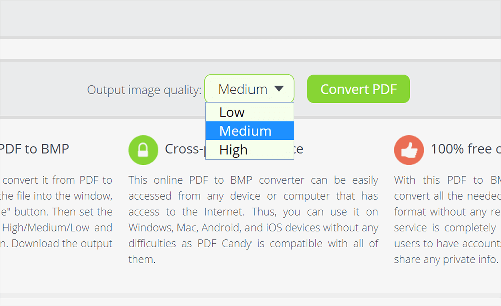 PDF Candy Impostazioni di output da PDF a BMP