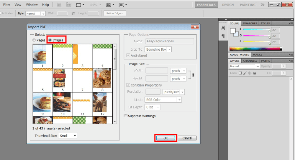 Importación de imágenes PDF de Photoshop