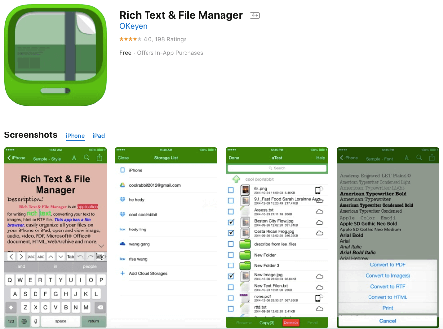 Captures d'écran du gestionnaire de texte riche et de fichiers