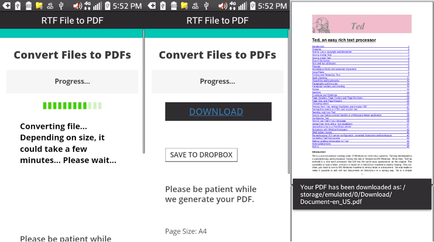 Conversion et téléchargement de fichiers RTF en PDF