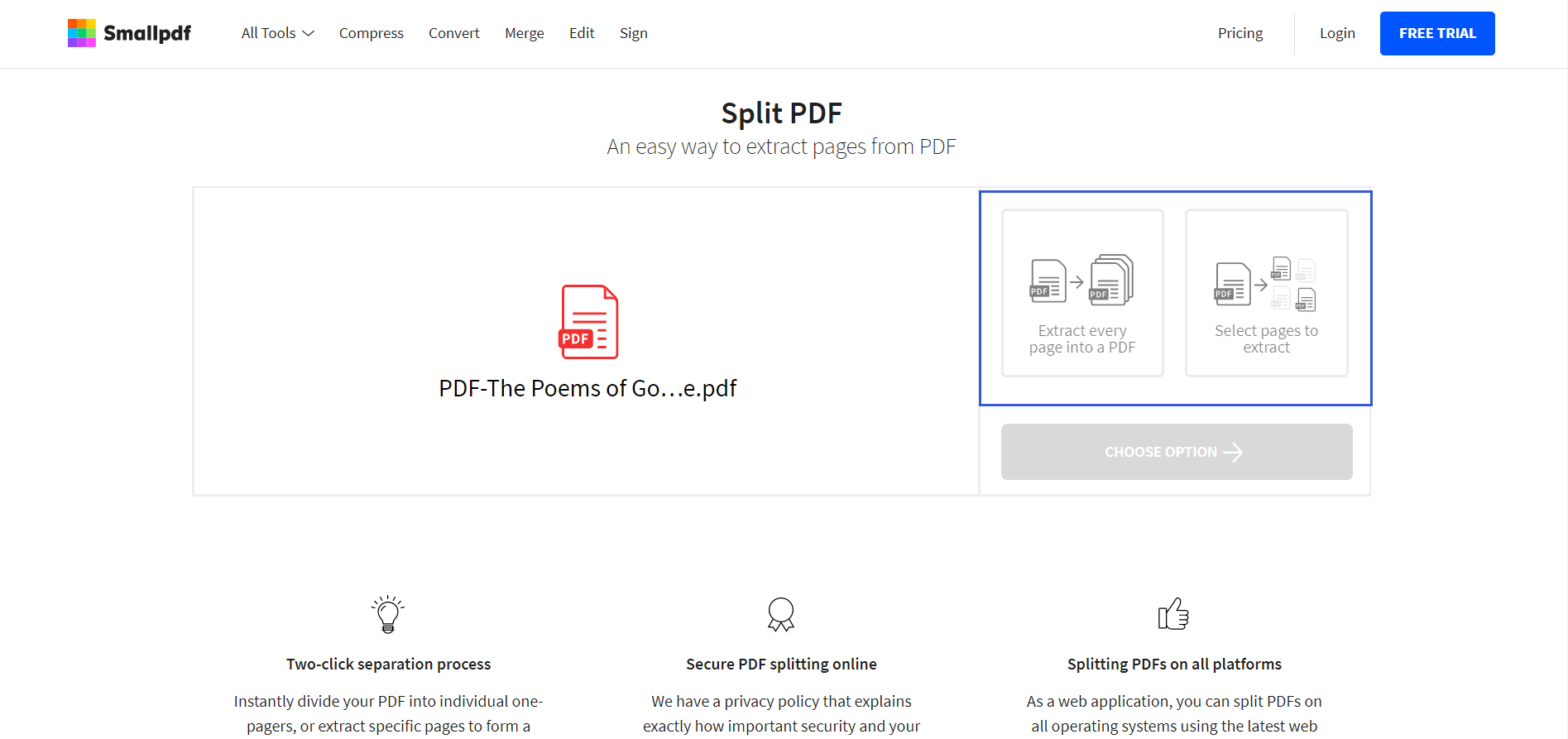 Modo de selección de PDF dividido de Smallpdf