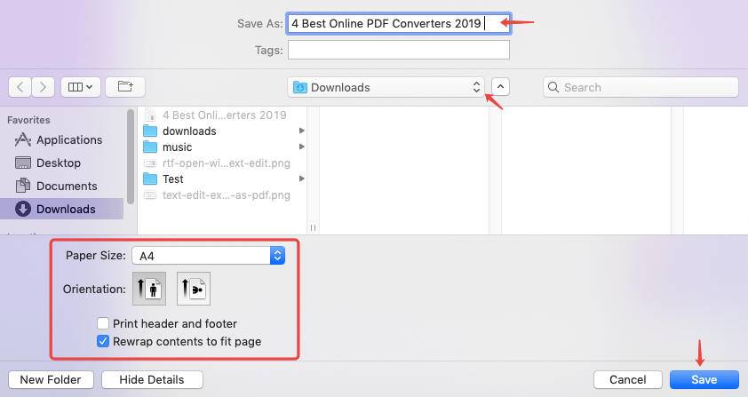 تصدير TextEdit كإعدادات PDF
